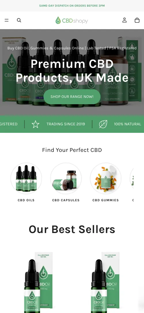 CBD Shopy homepage on mobile