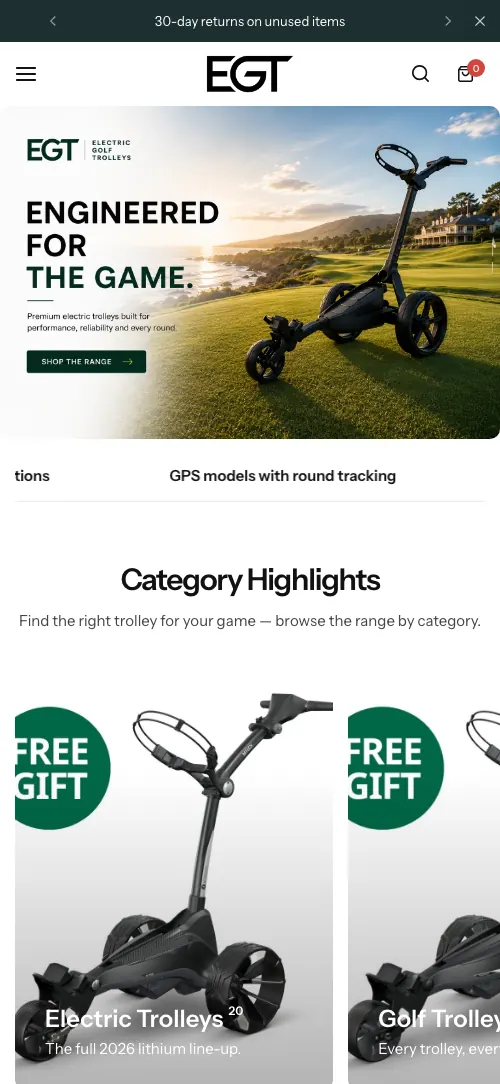 Electric Golf Trolleys homepage on mobile