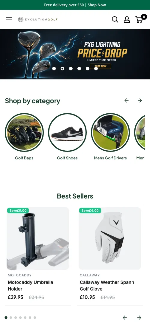 Evolution Golf homepage on mobile