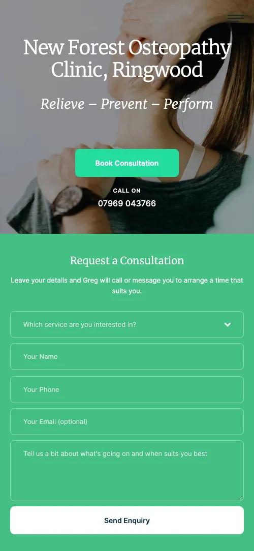 New Forest Osteopathy homepage on mobile